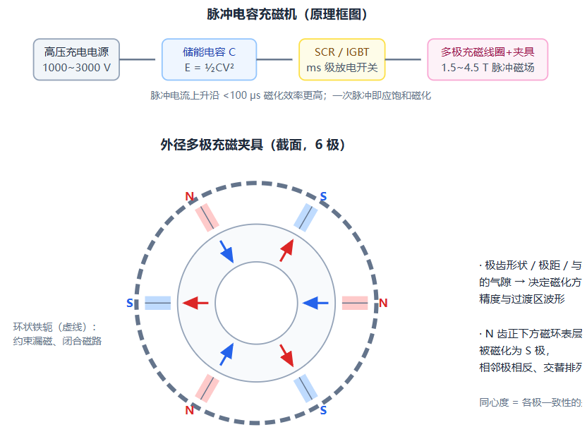 脉冲充磁系统与外径多极充磁夹具截面示意（6 个极齿对应 6 极、NS 交替；同一只辐射环换用不同极数的充磁头即可获得不同磁路）.png